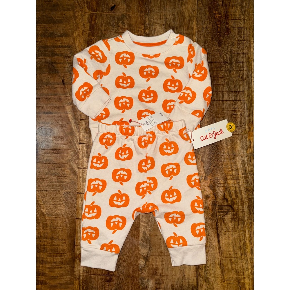 NWT Cat & Jack Baby Halloween Pumpkin Sweatshirt and Pants Set 0-3M Orange Cream